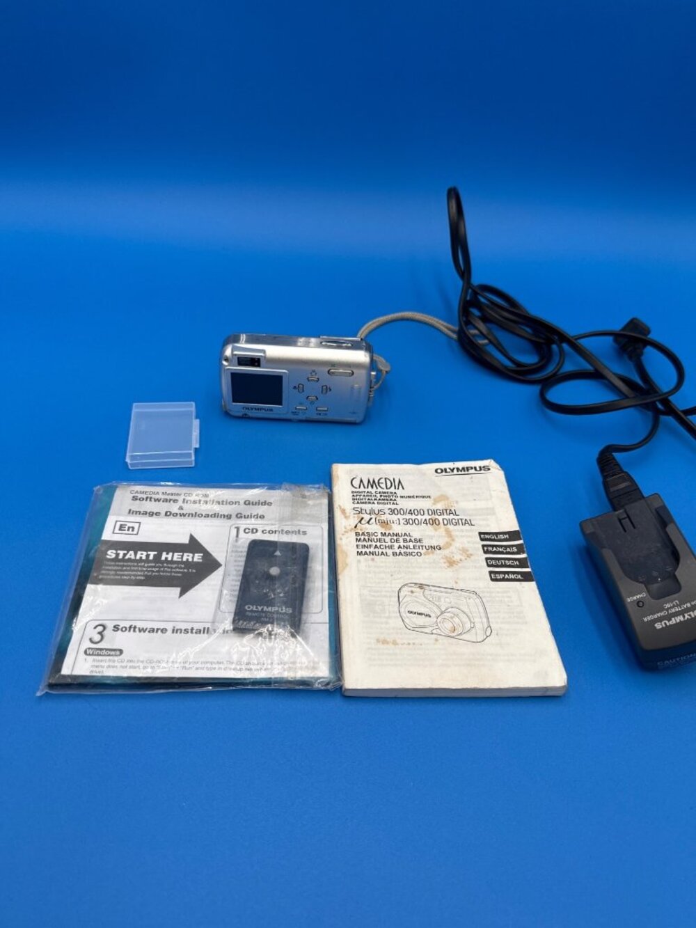 Olympus Stylus 300 Digital Camera Manuals Charger Strap 3.2MP Silver